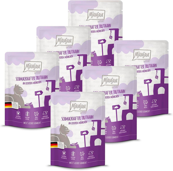 Mjamjam - Hrană umedă premium pentru pisici - Quetschie - Curcan gustos cu morcovi gustoși, pachet de 6 (6 X 300 G), fără cereale cu extra carne