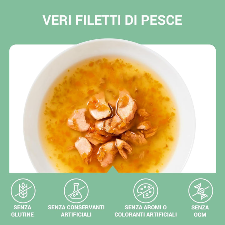 , Supă cu fileuri de somon și morcov, hrană umedă complementară pentru pisici, rețeta originală, 100% naturală, 12 pungi a 40 g