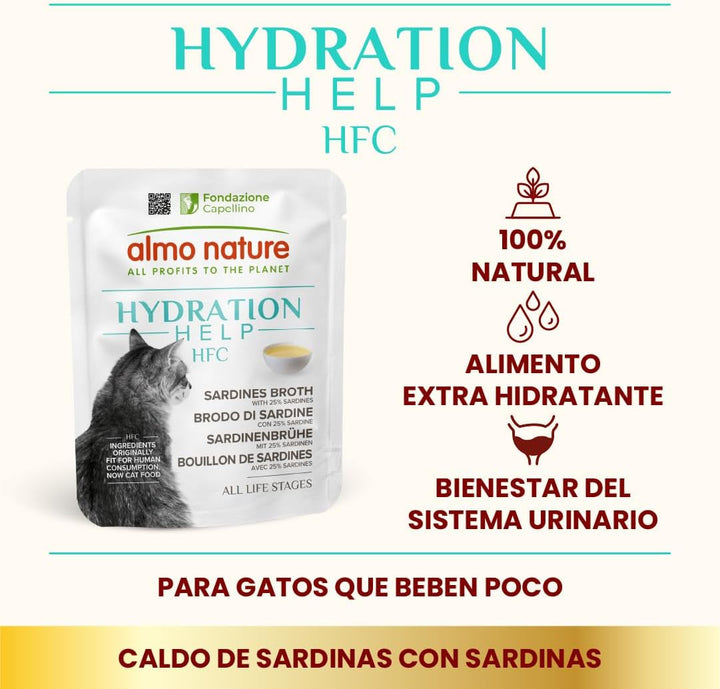 Almo Nature HFC Hydration Help Hrană umedă pentru pisici - bulion de sardine cu sardine - grad uman, fără gluten, monoproteină, 50 G, 24 bucăți, 1,2 kg