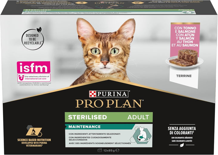 Purina Pro Plan Sterilised Mantainance Hrană umedă pentru pisici, sterilizată, pateu de somon și ton, 12 cutii la 85 g