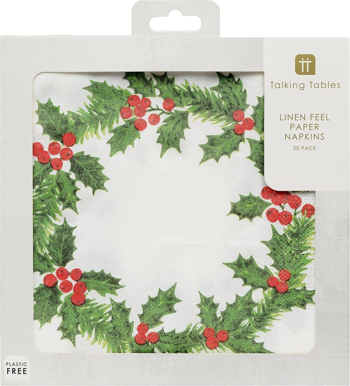 Talking Tables 20 șervețele de hârtie de Crăciun XL cu design Holly | Șervețele de lux de unică folosință | Reutilizabile | Ideale pentru Crăciun și petreceri cu cină | De înaltă calitate | 40Cm X 40Cm