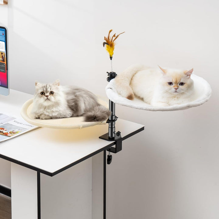 Pat pentru pisici Uross pentru birou - Rotabil la 360° și reglabil pe înălțime, Hamac moale pentru pisici cu 2 huse lavabile, Loc de dormit pentru pisici la birou - Utilizare pe tot parcursul anului (Bej)