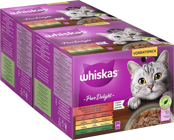 Whiskas 1+ hrană umedă pentru pisici Ragout Poultry Selection in Jelly, 40X85G (1 pachet) - Hrană umedă de înaltă calitate pentru pisici adulte în pungi de 40 de porții