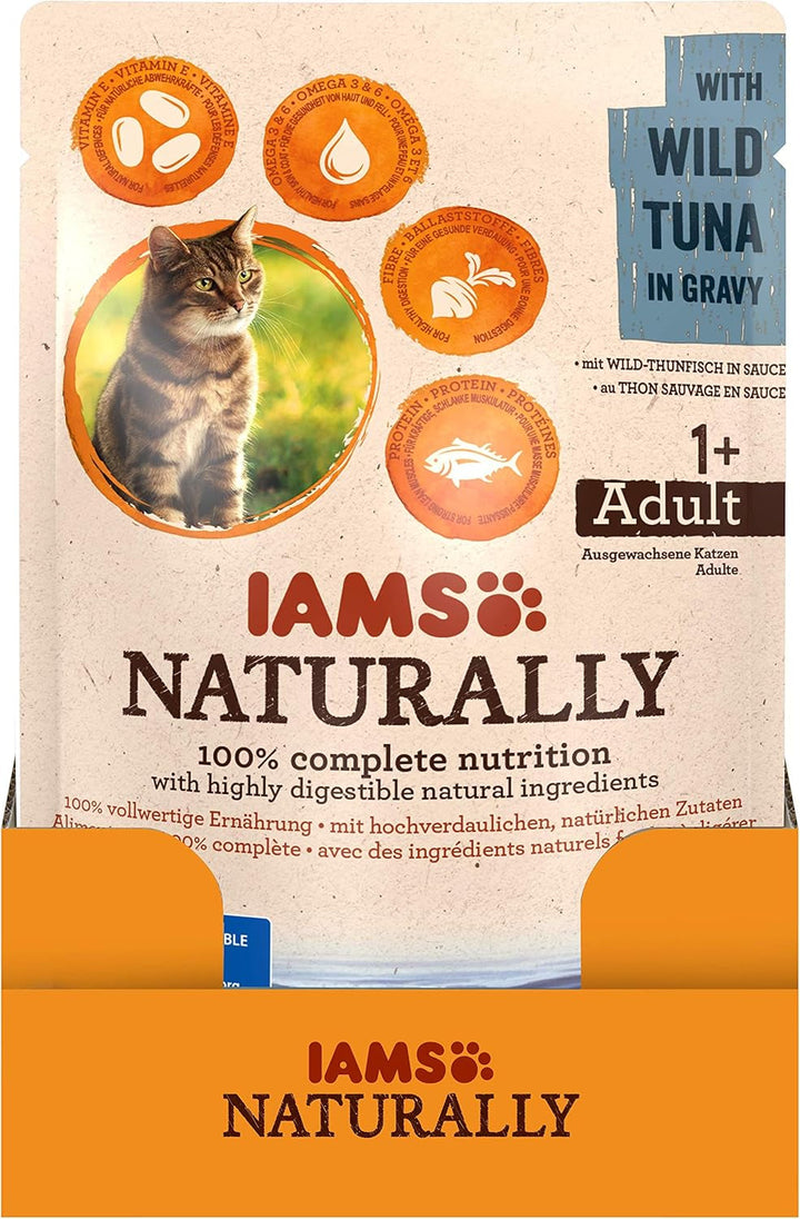 Iams Naturally Tuna Cat Food Wet, hrană umedă premium pentru pisici adulte în sos, 24 X 85G
