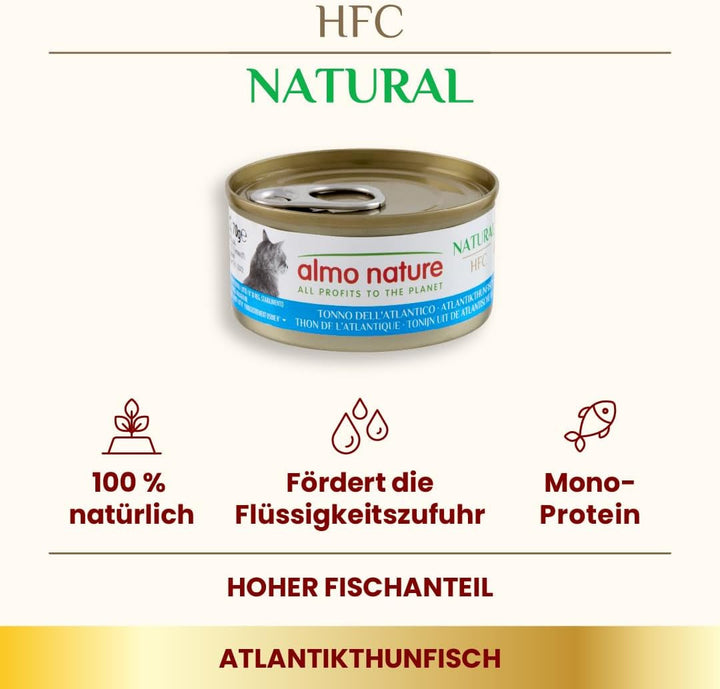 Almo Nature HFC Natural - Hrană umedă pentru pisici adulte - ton de Atlantic - calitate umană, fără gluten și monoproteină - 6 X 70G
