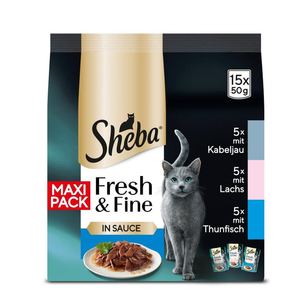 Sheba Fresh & Fine Multipack pungă porție 3 varietăți cod, somon, ton în sos MSC 5X15X50G