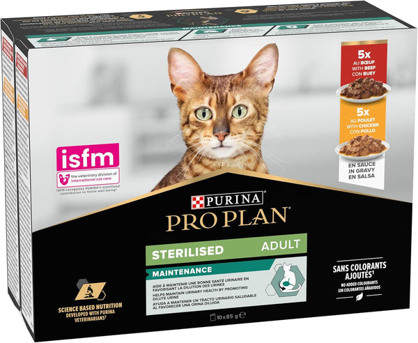 Purina Pro Plan Hrană umedă pentru pisici, sterilizată, bogată în pui și bou, 4 pachete a 10 pungi a 85 g