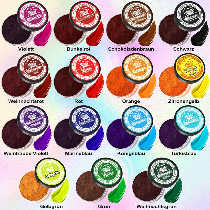 Colorant alimentar pudră – Set de 15 x 5g coloranți alimentari vibranți, coloranți alimentari foarte concentrați pentru decorarea prăjiturilor, macaroanelor, cremei de unt, gogoșilor, coptului, slime-ului – Vegan, sigur