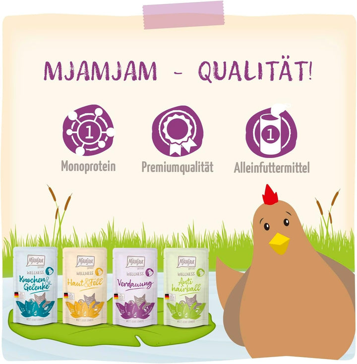 Mjamjam - Hrană umedă premium pentru pisici - Wellness Wellbeing Pack Pui, 12Pack (12 X 125G), fără cereale cu extra carne