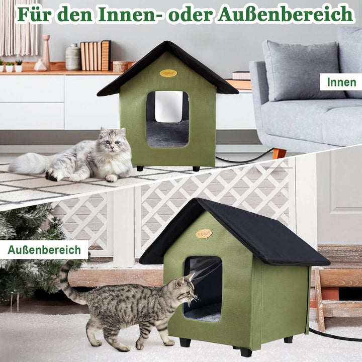 Căsuță încălzită pentru pisici, căsuță pentru exterior, rezistentă la iarnă, impermeabilă cu bază ridicată, căsuță pliabilă pentru pisici sălbatice, pisici de comunitate și câini de talie mică (verde)