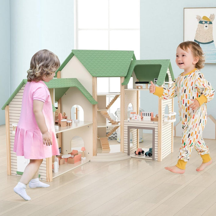 Casă de păpuși din lemn FANTASK, casă de păpuși de 83 cm înălțime cu 36 de piese de mobilier și accesorii, vilă de păpuși cu 6 camere, terasă și garaj, cadou pentru fete de la 3 ani Casute de papusi Naty Shop