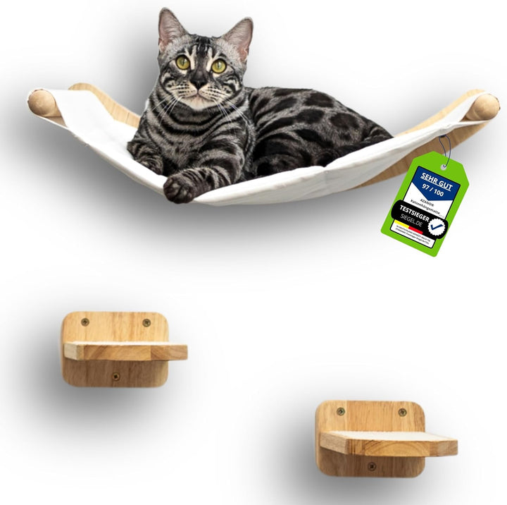 AZANO® Perete de cățărat pentru pisici | Hamac pentru pisici XL [Extra stabil și mare] cu scări pentru pisici pe perete | Scară pentru pisici cu zonă de dormit | Pat pentru pisici pentru cățărat, fabricat din lemn natural | 3 piese