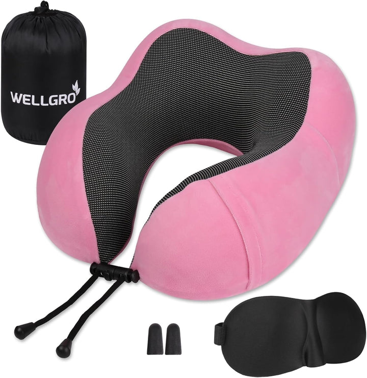 Set de perne pentru gât WELLGRO cu mască de somn 3D și dopuri pentru urechi - Husă detașabilă - Spumă cu memorie - Închidere cu fermoar - Inclusiv geantă de depozitare - Pernă de călătorie - Culoare selectabilă, Culoare:Gri Perne ortopedice cervicale Naty Shop Roz