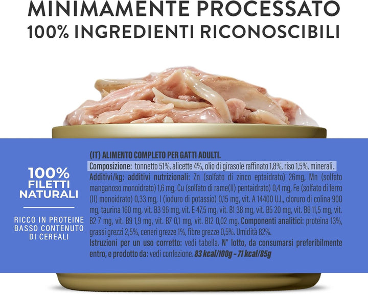 , Ton cu Alicette în bulion, hrană umedă completă pentru pisici, în conservă, cu vitamine adăugate, 100% naturală, 6 X 85 G