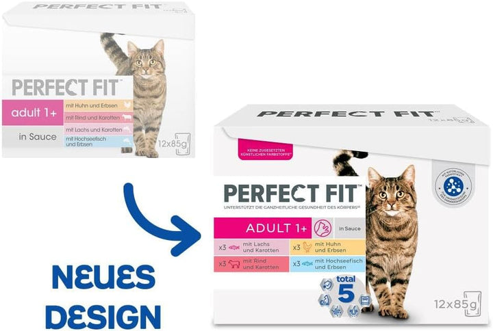 Perfect Fit Adult 1+ Wet Cat Food Selection With Salmon, Ocean Fish, Beef And Chicken, 48 plicuri, 12X85G (pachet de 4) - Hrană umedă premium pentru pisici, pentru pisici adulte de peste 1 an