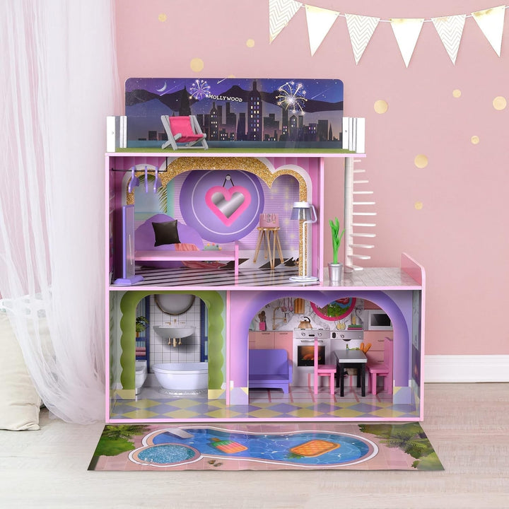 Olivia's Little World Big Dreamland Sunset Contemporary Casa de păpuși interactivă din lemn pentru copii 3 etaje cu 16 accesorii de mobilier pentru păpuși Multi TD-13616A Casute de papusi Naty Shop