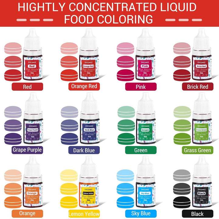 Colorant alimentar lichid – 12 culori colorant alimentar foarte concentrat pentru copt, băuturi, macaroane, fondant, decorare tort, set de coloranți alimentari pentru săpunuri DIY, slime, meșteșuguri (6 ml fiecare)