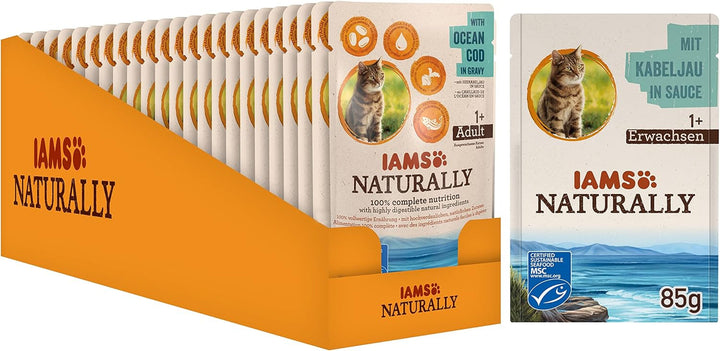 Iams Naturally Tuna Cat Food Wet, hrană umedă premium pentru pisici adulte în sos, 24 X 85G