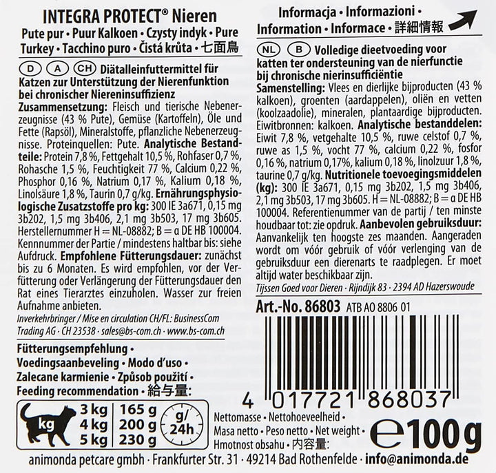 Animonda Integra Protect Kidney Cats, hrană umedă pentru insuficiență renală, curcan pur, 16 X 100 G & Animonda Integra Protect Kidney Cats, hrană umedă pentru insuficiență renală, cu pui, 16 X 100 G
