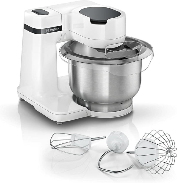 Bosch Küchenmaschine Serie 2 MUMS2EW00, Edelstahl-Schüssel 3,8 L, Planetenrührwerk, Knethaken, Schlag-, Rührbesen Edelstahl, 4 Arbeitsstufen, Durch Optionales Zubehör Erweiterbar, 700W, Weiß Bucatarie Naty Shop