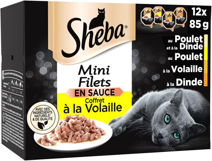 SHEBA Mini Nets în sos, selecție cu pasăre, boluri pentru pisici adulte, 4 arome, Mega Pack, 32 X 85 G