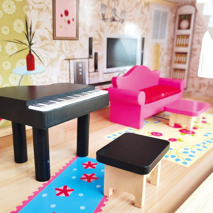 Bino World of Toys Casă de păpuși cu balcon, Jucărie pentru copii mici de la 3 ani, cu 3 etaje, scări, 4 camere și balcon incl. 15-TLG. Accesorii, Pentru a promova abilitățile copiilor, Design roz Casute de papusi Naty Shop