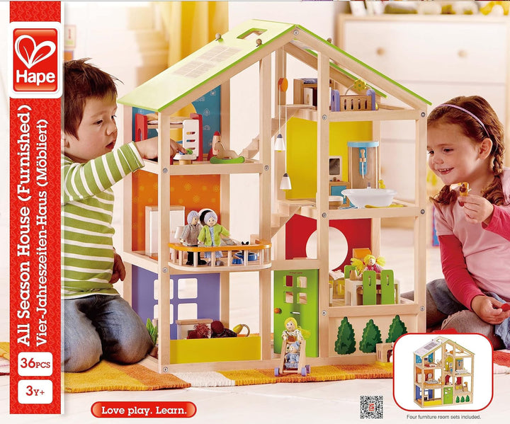 Hape Four Seasons Wooden Doll's House Casă de păpuși premiată cu trei etaje, cu mobilier, accesorii, scări mobile și acoperiș reversibil pentru fiecare sezon Casute de papusi Naty Shop