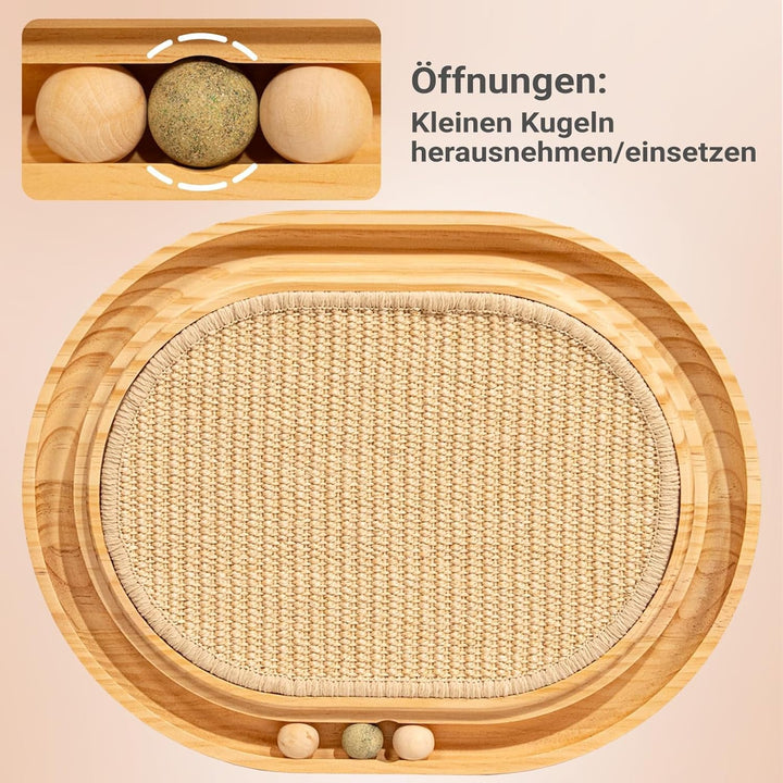 Placă de zgâriat din sisal - Jucărie 2 în 1 pentru pisici, lemn masiv de pin și pernă de sisal natural și bile de catnip - Covoraș de zgâriat 43 x 33 x 3 cm pentru toate pisicile, pentru a se juca și relaxa