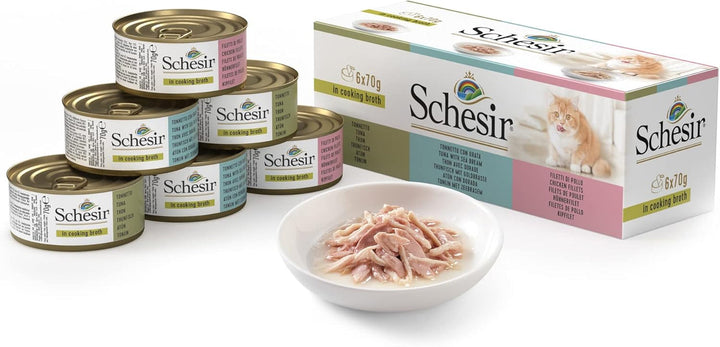 Cat in Broth - Hrană umedă pentru pisici cu ton, file de pui și doradă în propriul bulion de gătit, compatibilitate ridicată, Multipack în cutii (6 X 70 G)
