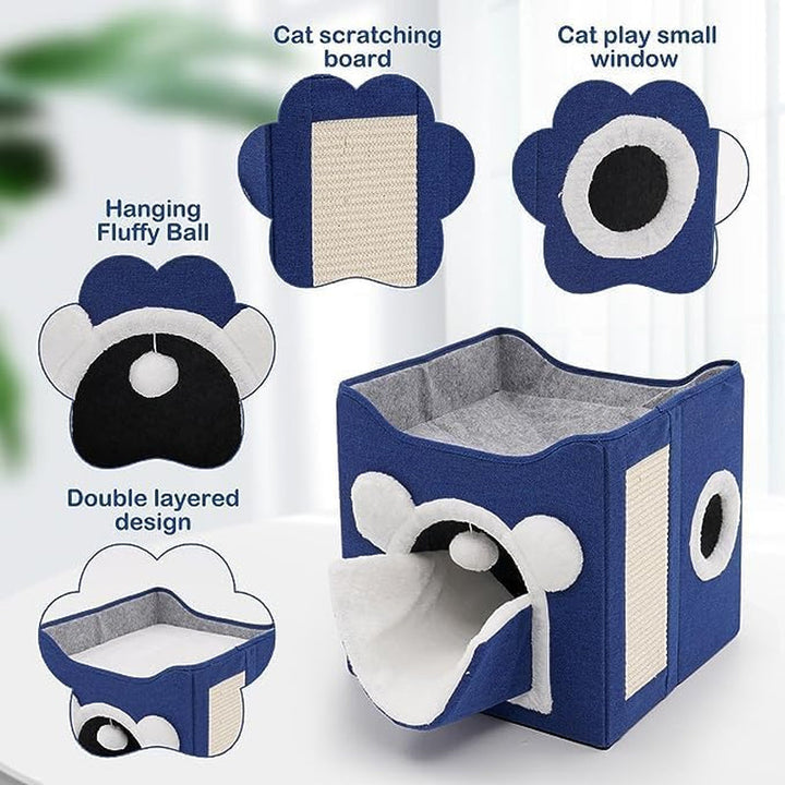 Casă pliabilă pentru pisici, casă mare pentru pisici, peșteră pentru pisici și câini mici, cu zgârietură și minge pufoasă, albastră