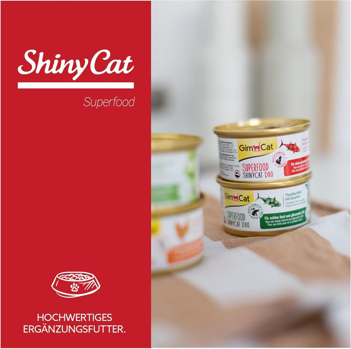 Gimcat Superfood Shinycat Duo Tuna With Tomatoes - Hrană pentru pisici cu file suculent fără zahăr adăugat pentru pisici adulte - 24 cutii (24 X 70 G)