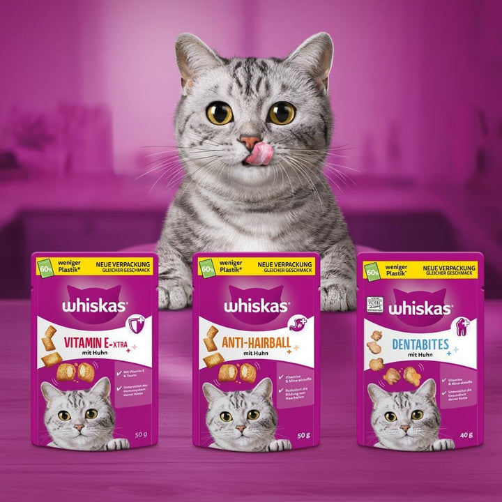 WHISKAS Anti-Hairball Cat Snacks 6 X 50G - Snacks-uri delicioase împotriva bilelor de păr pentru o blană sănătoasă