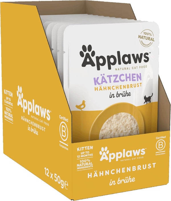 Applaws 100% hrană umedă naturală pentru pisoi, piept de pui în bulion - pachet cu 12 pungi de X 50G