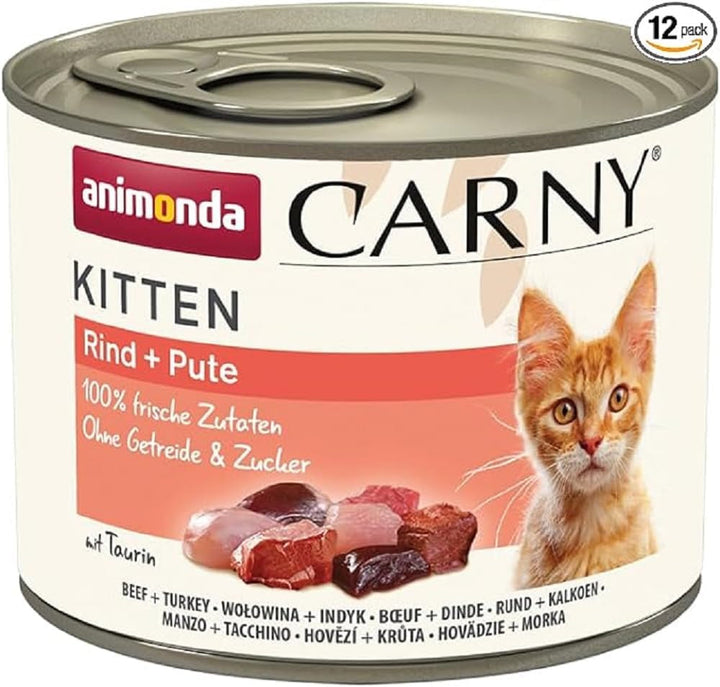 Animonda Carny Kitten Beef, Veal + Chicken (12 X 85 G), hrană umedă pentru pisoi în creștere, hrană pentru pisici fără cereale și zahăr, hrană umedă pentru pisici cu 100% ingrediente proaspete