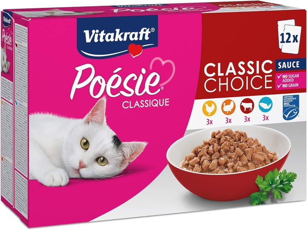 Vitakraft Poésie Classique, hrană umedă pentru pisici, hrană umedă în sos, cu pui, cu curcan, cu vită, cu somon, fără adaos de zahăr și cereale (1 pachet de 12X 85G)