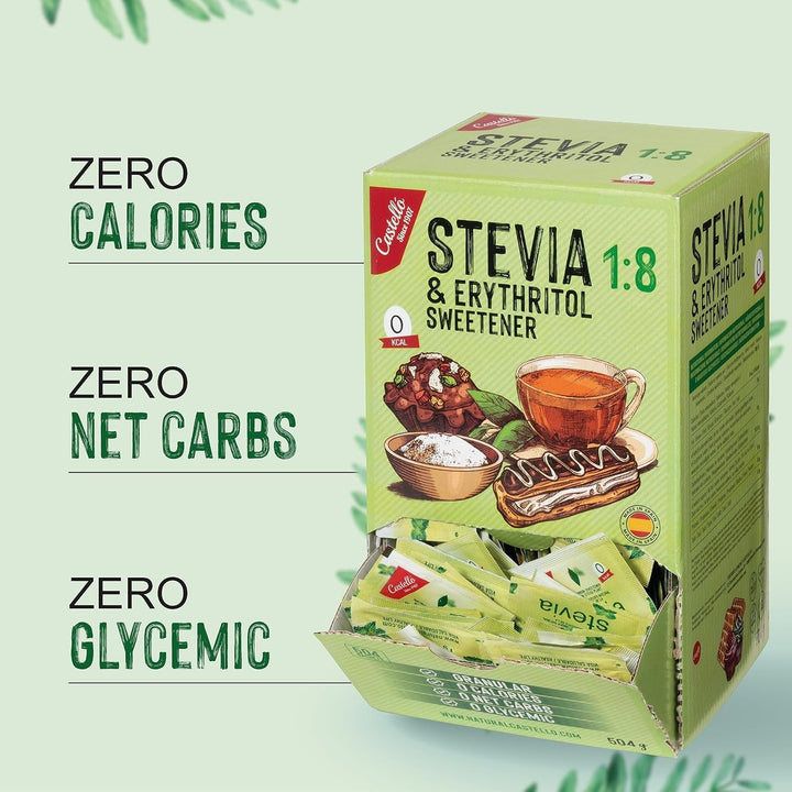 Stevia + Erythrit 1:8 Süßstoff | 504 Beutel Mit 1 G | 100% Natürlicher Zuckerersatz - 0 Kalorien - 0 Glykämischer Index - Keto Und Paleo - 0 Kohlenhydrate - Kein GVO - Castello since 1907 - 504 G Indulcitori Naty Shop