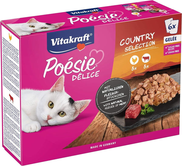 Vitakraft Poésie Délice, Country Selection, hrană umedă pentru pisici, jeleu de hrană umedă pentru pisici, cu pui, cu vită (1 pachet de 6X 85G)
