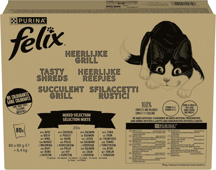 Hrană umedă în sos pentru pisici Tasty Shreds, varietăți mixte, 80pachet (4X20X80G)