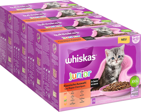 Hrană umedă pentru pisici Whiskas Junior Classic Choice în sos, 48 de pliculețe, 12X85G (pachet de 4) - Hrană umedă pentru pisici de înaltă calitate, pentru pisici în creștere de la 2 la 12 luni