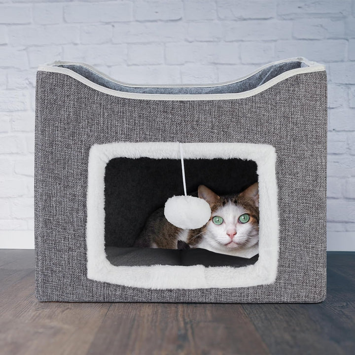 Peșteră Relaxdays pentru pisici, ÎxLxA: 32 x 40 x 40 cm, Zonă de zgâriat, Jucărie pentru pisici, 2 perne pentru pisici, Căsuță pliabilă pentru pisici, Gri