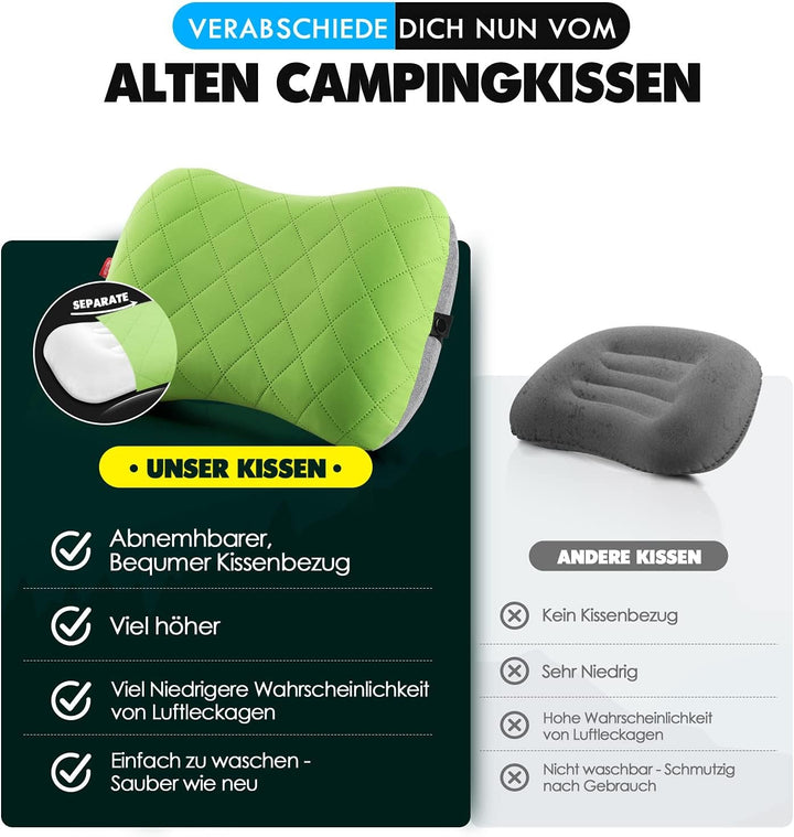 HIKENTURE Pernă gonflabilă de camping / călătorie cu față de pernă detașabilă, pernă ergonomică, pernă confortabilă pentru gât pentru călătorie / exterior, pernă gonflabilă de călătorie pentru gât (verde) ... Perne ortopedice cervicale Naty Shop