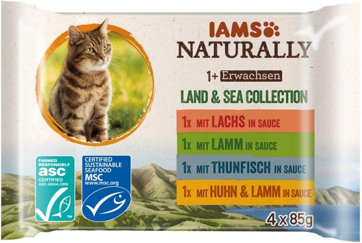 IAMS Naturally Cat Food Wet in Sauce - Hrană umedă de înaltă calitate cu carne și pește pentru pisici adulte, Land & Sea Collection, 12 X 85 G