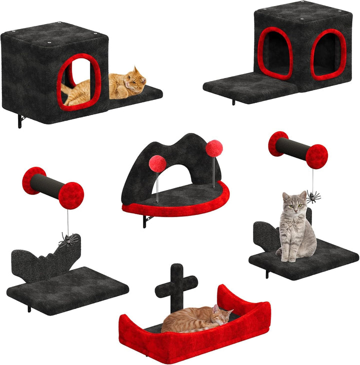YITAHOME Set de perete de cățărat gotic pentru pisici, fabricat din flanel, mobilier robust pentru pisici din 5 piese cu căsuță pentru pisici, pat pentru pisici, hamac pentru pisici, coloană din sisal cu păianjen pentru dormit, joacă sau relaxează pisica