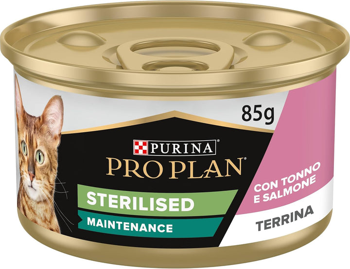 Purina Pro Plan Sterilised Mantainance Hrană umedă pentru pisici, sterilizată, pateu de somon și ton, 12 cutii la 85 g