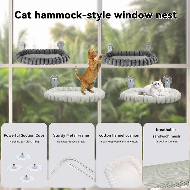 Șezlong pentru pisici Carecooo, hamac pentru pisici cu husă lavabilă, pervaz pufos cu ventuze, șezlong stabil pentru pisici de până la 18 kg, M (52 x 30 cm), gri