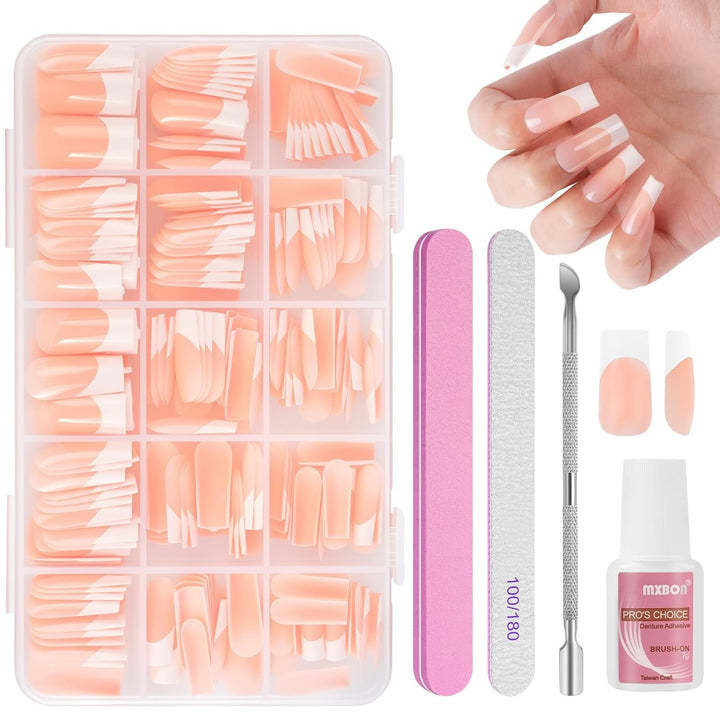 Set de 240 de vârfuri pentru unghii false, unghii false franțuzești pentru lipit, set de unghii franțuzești cu presă, 12 mărimi, unghii false cu lipici pentru femei și bărbați (alb nud mediu migdală)