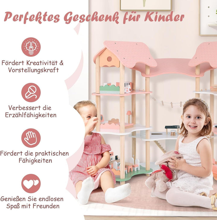 Casă de păpuși din lemn FANTASK, casă de păpuși de 85 cm înălțime 7 camere cu 32 de mobilier și accesorii, vilă de păpuși cu scară de frânghie, cadou de casă de păpuși pentru fete de la 3 ani (Model 3) Casute de papusi Naty Shop