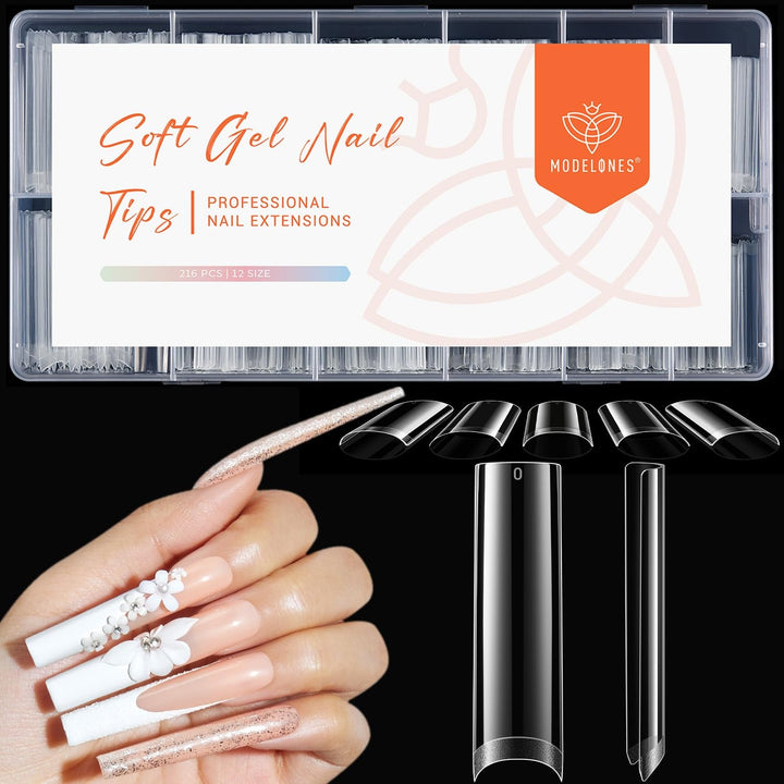 Modelones Tips Unghii 216 Piese - Set Tips Unghii Acoperire Completă, Set Tips Gel Moale, Tips Unghii Rășină PMMA Pre-Lustruire, Unghii Artificiale pentru Lipire pe Nail Art DIY, Migdale Scurte XS