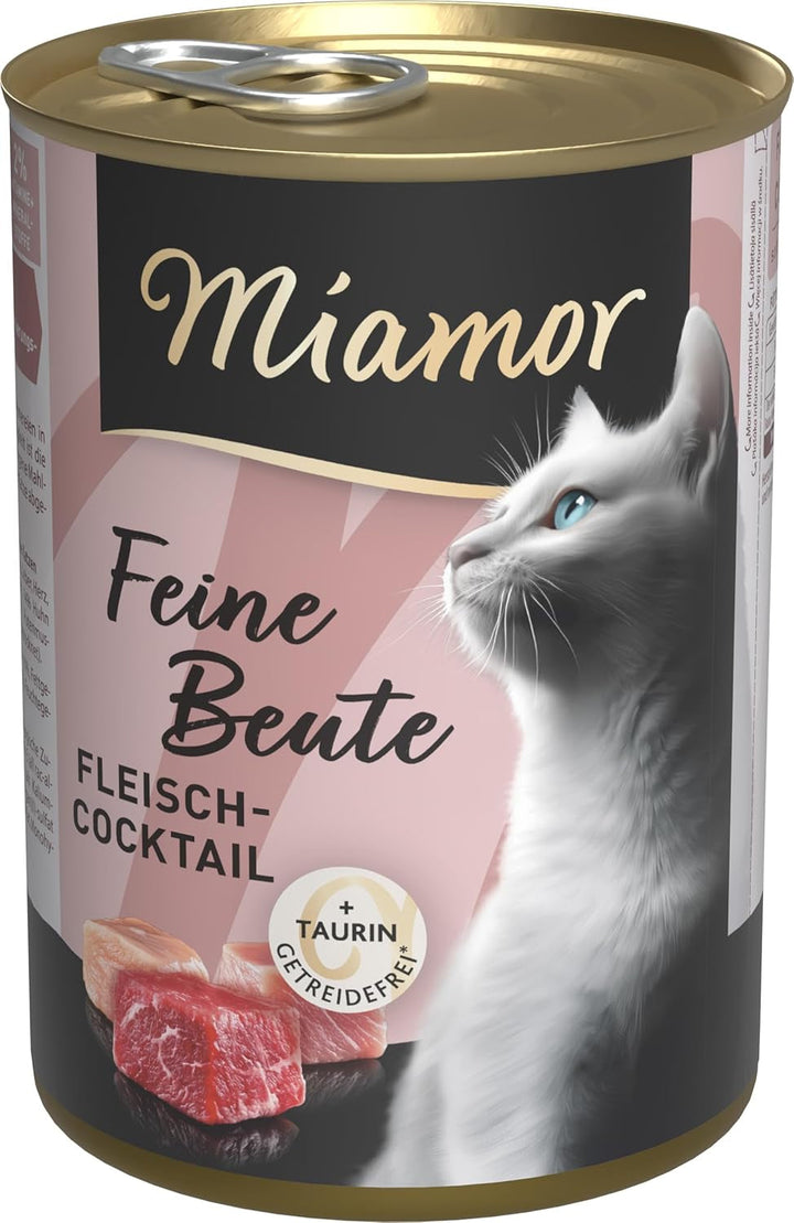 - Feine Beute | Hrană umedă pentru pisici adulte cu 7 tipuri de carne și organe. Hrană completă fără cereale într-o cutie Cu taurină Fără aditivi artificiali | 12X400G cocktail de carne