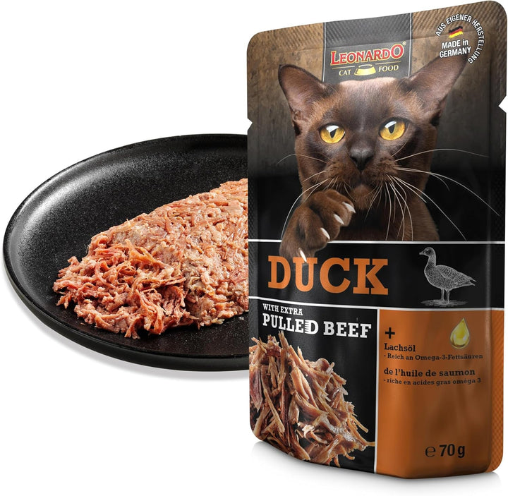LEONARDO Fresh Pouch [16X70G Rață cu fâșii de carne] Pulled Beef | Hrană umedă fără cereale pentru pisici | Hrană completă pentru pisici